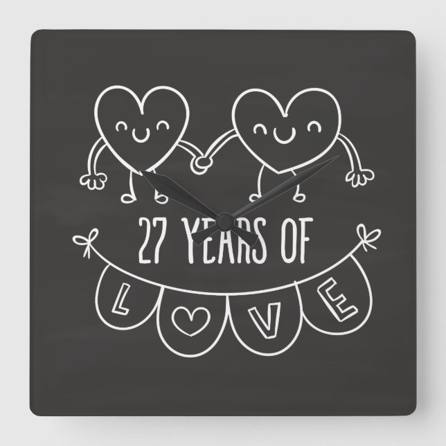 27th Anniversary Gift Chalk Hearts Square Wall Clock (Front)