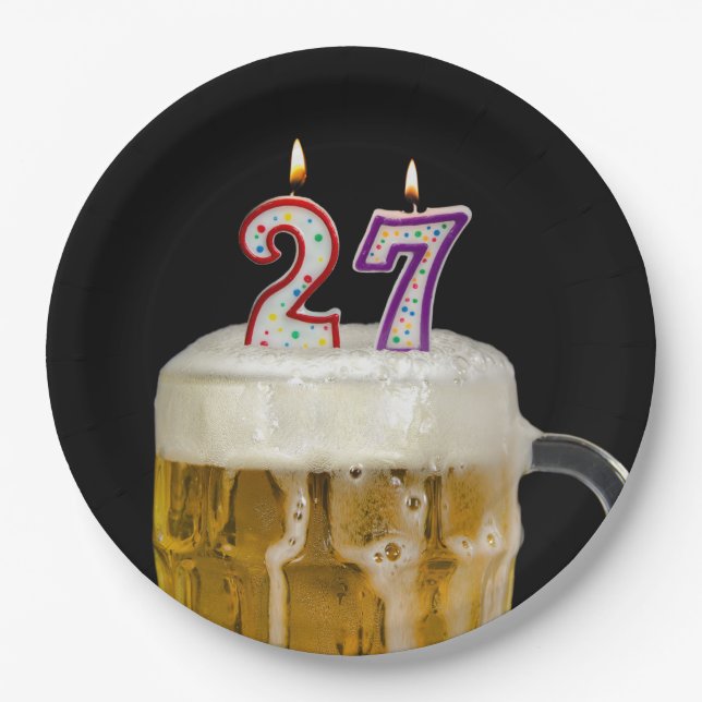 27th Birthday Beer on black Paper Plate (Front)