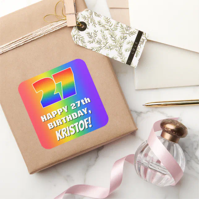 27th Birthday: Colorful, Fun Rainbow Pattern # 27 Square Sticker | Zazzle