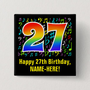 27th Birthday: Colorful Music Symbols, Rainbow 27 15 Cm Square Badge