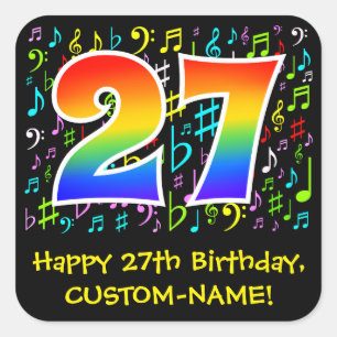 27th Birthday: Colourful Music Symbols, Rainbow 27 Square Sticker