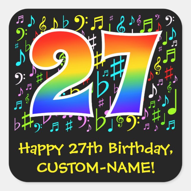 27th Birthday: Colourful Music Symbols, Rainbow 27 Square Sticker (Front)