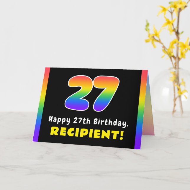 27th Birthday: Colourful Rainbow # 27, Custom Name Card (Yellow Flower)