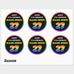 27th Birthday: Colourful Rainbow # 27, Custom Name Classic Round Sticker