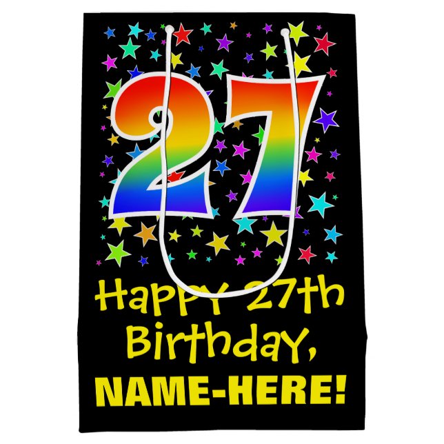 27th Birthday: Colourful Stars Pattern & Rainbow 2 Medium Gift Bag (Back)