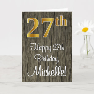 27th Birthday: Elegant Faux Gold Look #, Faux Wood Card