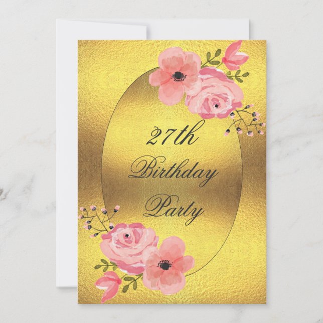 27th Birthday Faux Gold Foil Watercolor Flowers Invitation (Front)