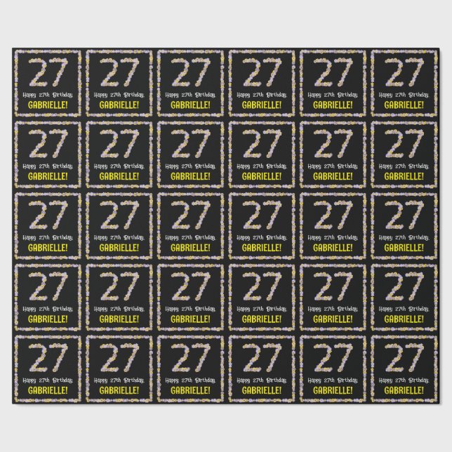 27th Birthday: Floral Flowers Number, Custom Name Wrapping Paper (Seam)