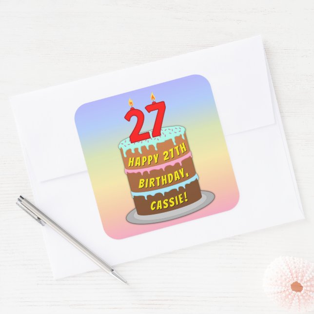 27th Birthday: Fun Cake and Candles + Custom Name Square Sticker (Envelope)