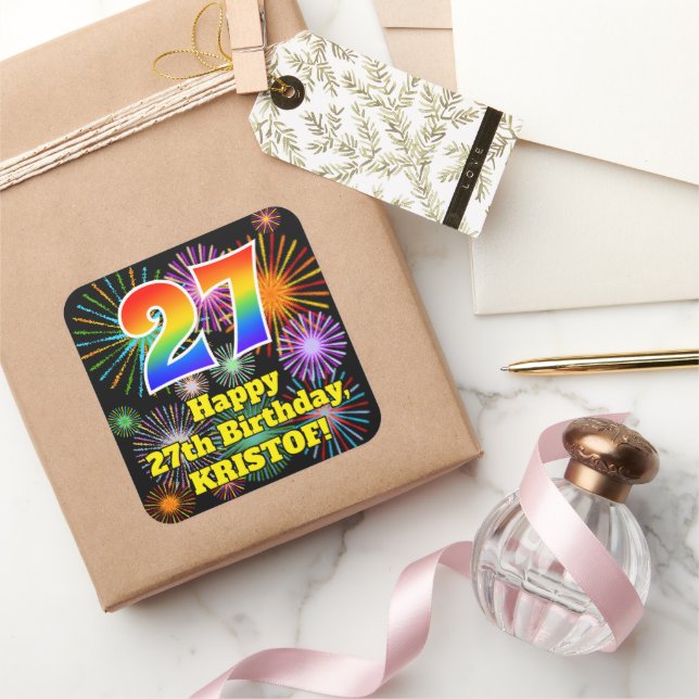 27th Birthday: Fun Fireworks Look, Rainbow # 27 Square Sticker (Gifting)