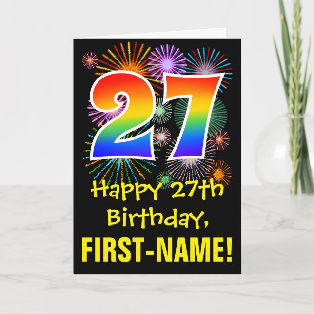 27th Birthday: Fun Fireworks Pattern + Rainbow 27 Card (Front)