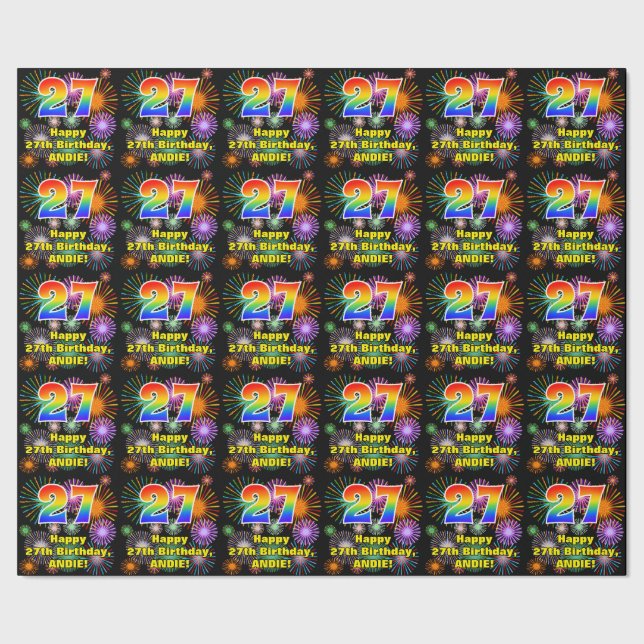 27th Birthday: Fun Fireworks, Rainbow Look # “27” Wrapping Paper (Seam)