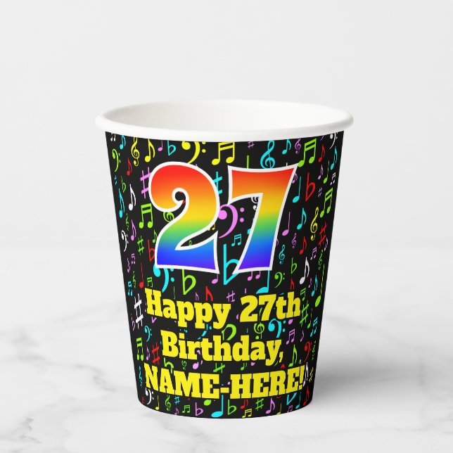 27th Birthday: Fun Music Notes Pattern, Rainbow 27 Paper Cups (Front)