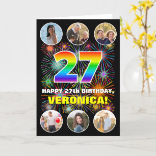27th Birthday: Fun Rainbow #, Custom Name & Photos Card