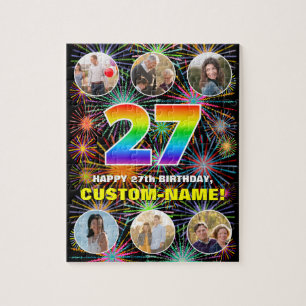 27th Birthday: Fun Rainbow #, Custom Name + Photos Jigsaw Puzzle