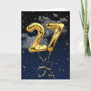 27th Birthday Gold Mylar Balloon and Confetti Card