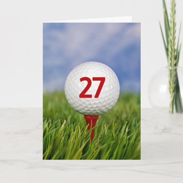 27th Birthday Golf Ball on Red Tee       Card (Front)