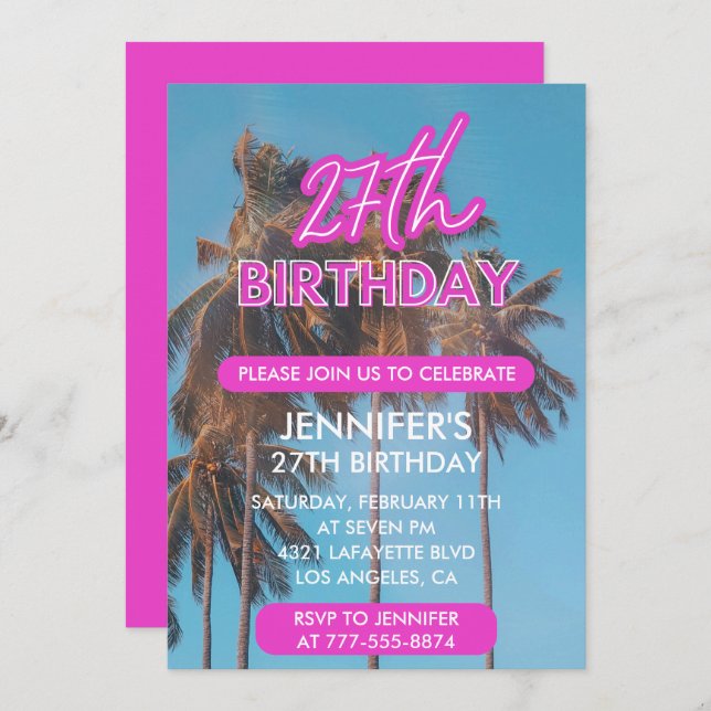27th birthday invitation Summer Pink Palm tree (Front/Back)