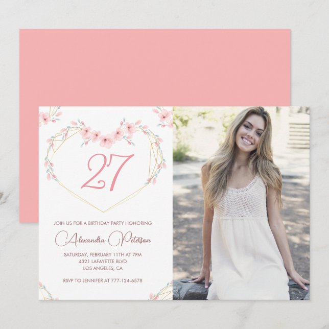 27th birthday invitations Boho Floral Photo (Front/Back)