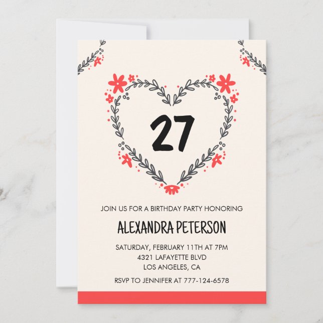 27th birthday invitations for her floral heart (Front)