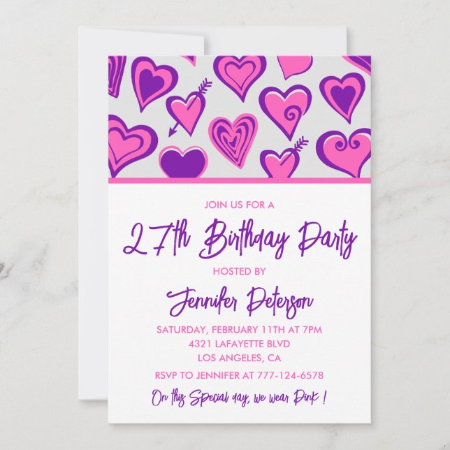 27th birthday invitations Glam Pink Heart (Front)