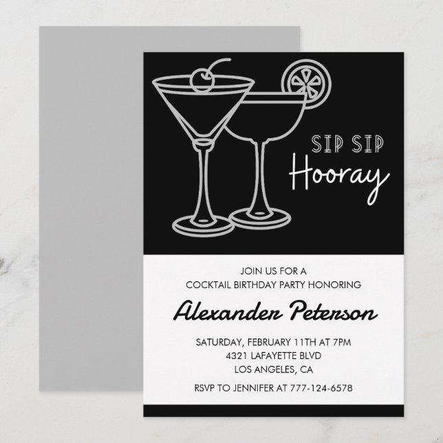 27th birthday invitations Men Cocktail Black White (Front/Back)