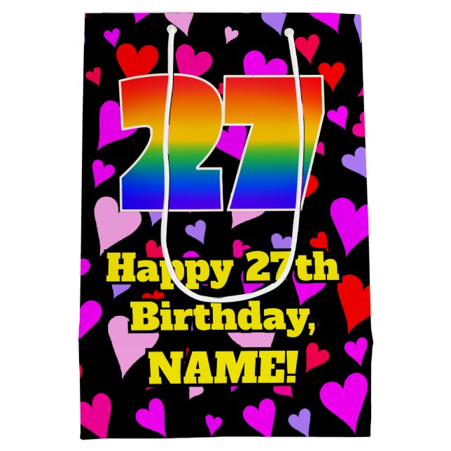 27th Birthday: Loving Hearts Pattern, Rainbow # 27 Medium Gift Bag (Back)