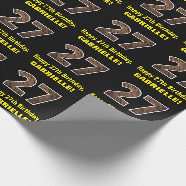 27th Birthday: Name & Faux Wood Grain Pattern "27" Wrapping Paper (Corner)