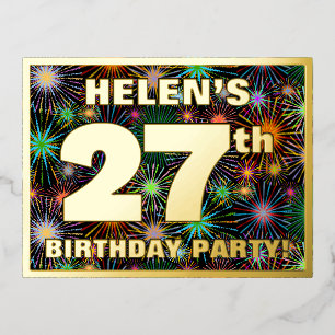 27th Birthday Party: Bold, Colourful Fireworks Loo Foil Invitation Postcard