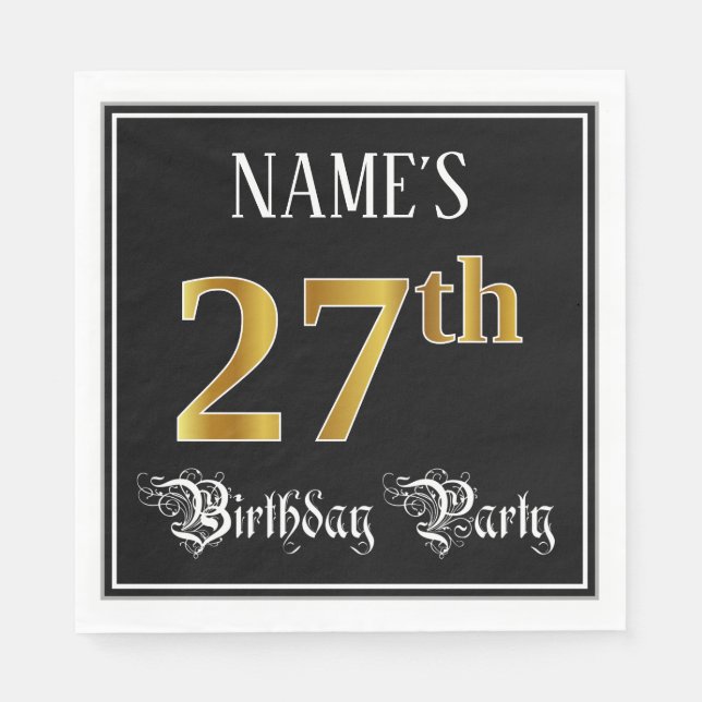 27th Birthday Party — Fancy Script, Faux Gold Look Napkin (Front)