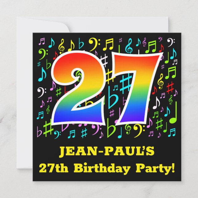 27th Birthday Party: Fun Music Symbols, Rainbow 27 Invitation (Front)