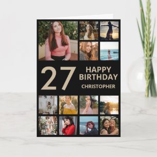 27th Birthday Photo Collage 13 Photos Black & Gold Card