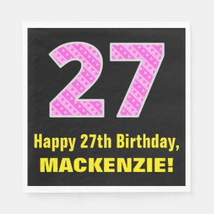 27th Birthday: Pink Stripes and Hearts "27" + Name Napkin