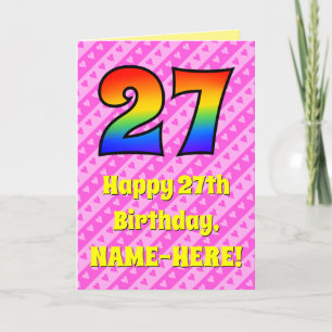 27th Birthday: Pink Stripes & Hearts, Rainbow # 27 Card