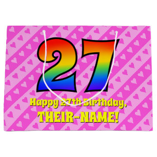 27th Birthday: Pink Stripes & Hearts, Rainbow # 27 Large Gift Bag