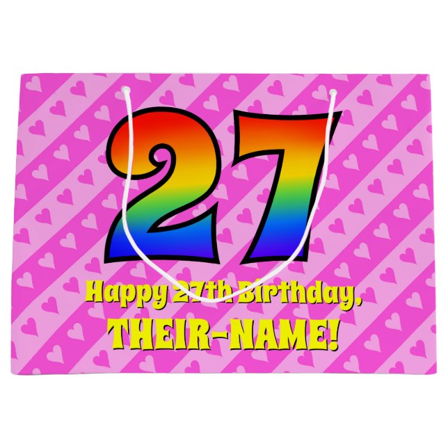 27th Birthday: Pink Stripes & Hearts, Rainbow # 27 Large Gift Bag (Front)