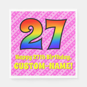 27th Birthday: Pink Stripes & Hearts, Rainbow # 27 Napkin