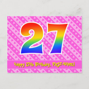 27th Birthday: Pink Stripes & Hearts, Rainbow 27 Postcard