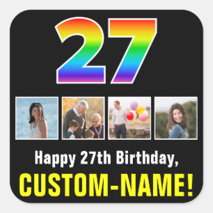 27th Birthday: Rainbow “27”; Custom Photos & Name Square Sticker