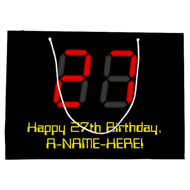 27th Birthday: Red Digital Clock Style "27" + Name Large Gift Bag (Back)