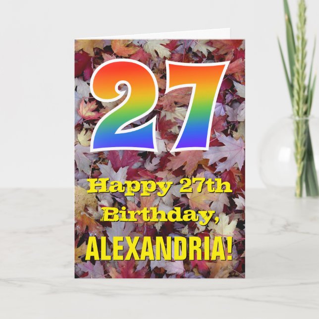 27th Birthday; Rustic Autumn Leaves; Rainbow "27" Card (Front)