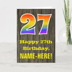 27th Birthday: Rustic Faux Wood Look, Rainbow "27" Card