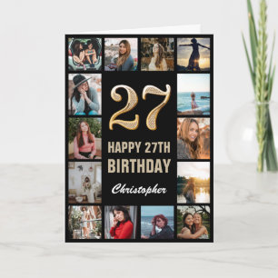 27th Happy Birthday Black and Gold Photo Collage Card