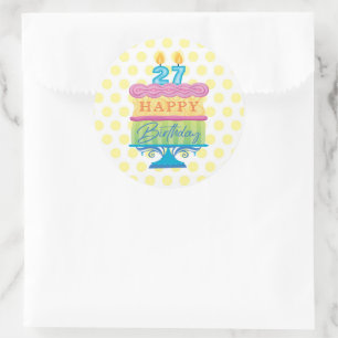 27th Happy Birthday Cake Yellow Dots Classic Round Sticker