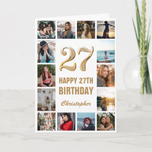 27th Happy Birthday Gold and White Photo Collage Card