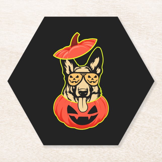 28 German Shepherd In Scary Pumpkin Shirt Funny Cu Paper Coaster (Front)