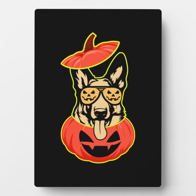 28 German Shepherd In Scary Pumpkin Shirt Funny Cu Plaque (Front)