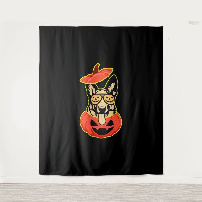 28 German Shepherd In Scary Pumpkin Shirt Funny Cu Tapestry (Front)