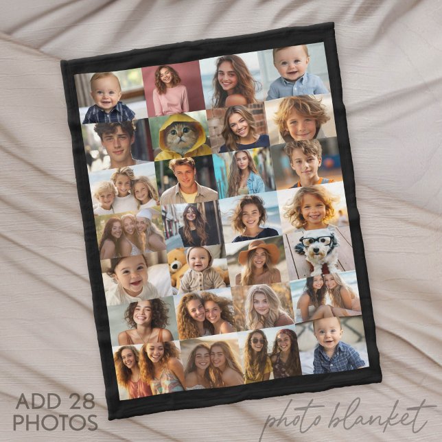 28 Photo Collage All Over - Black Fleece Blanket (Custom Fleece Blanket with Photo Collage for Family and Friends)