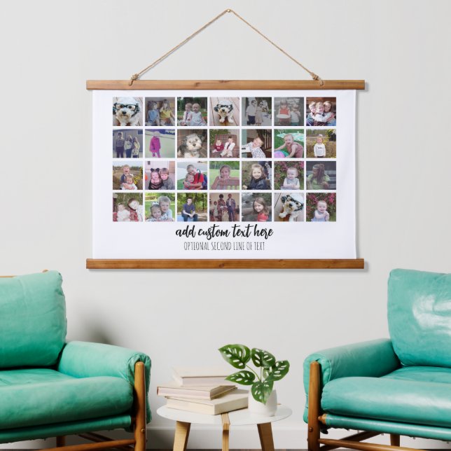 28 Photo Collage - Family Text On Bottom - White Hanging Tapestry (Living Room)
